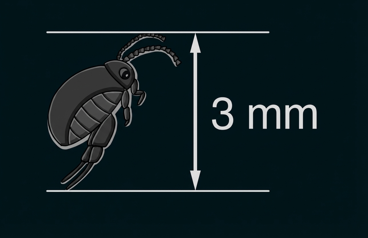 Skizze eines kleinen grauen Insekts neben Messpfeil und Beschriftung '3 mm'.